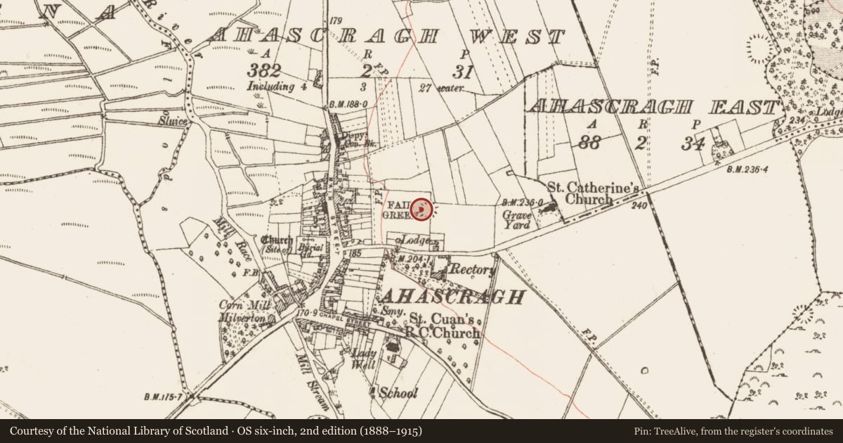 Ordnance Survey six-inch map, 2nd edition (1888–1915) covering the location of Ringfort - unclassified, Ahascragh West, County Galway, with a pin at the register's coordinates