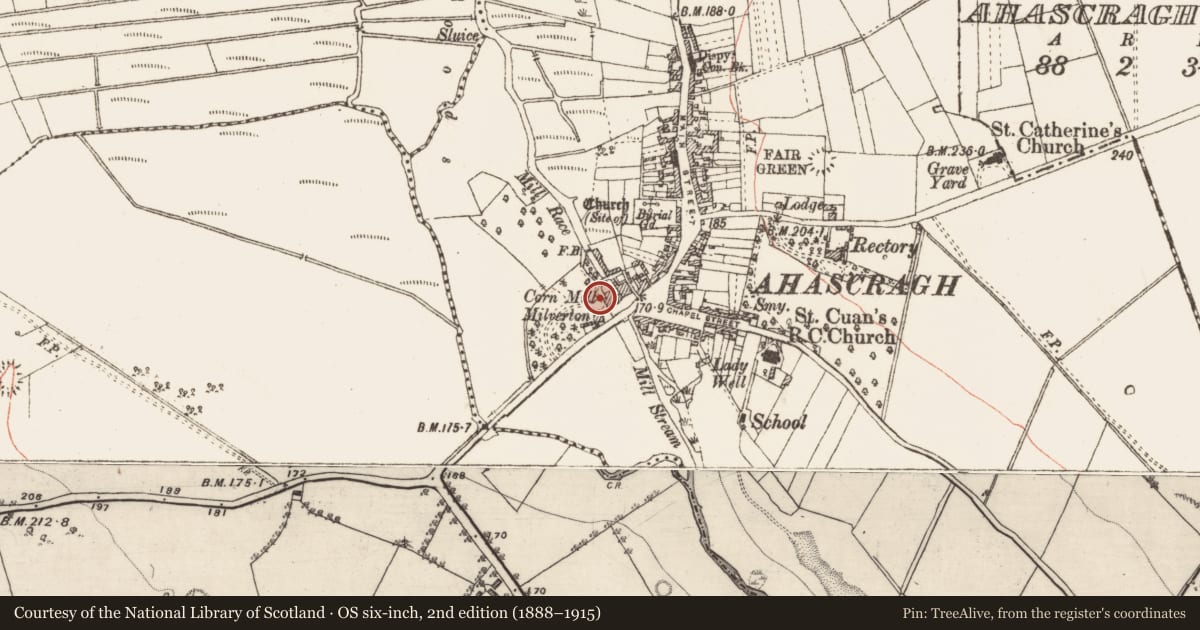 Ordnance Survey six-inch map, 2nd edition (1888–1915) covering the location of Mill - unclassified, Ahascragh West, County Galway, with a pin at the register's coordinates