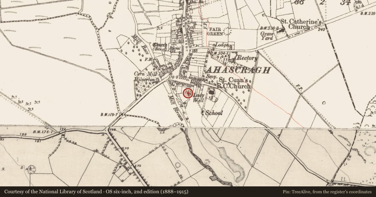 Ordnance Survey six-inch map, 2nd edition (1888–1915) covering the location of Ritual site - holy well, Ahascragh West, County Galway, with a pin at the register's coordinates
