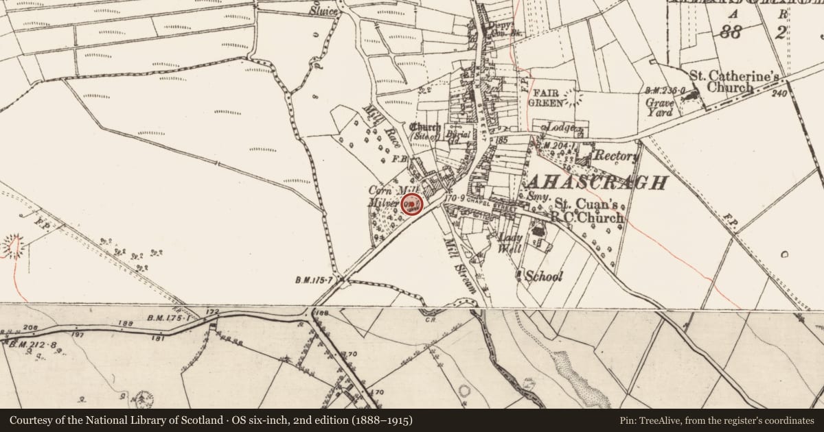 Ordnance Survey six-inch map, 2nd edition (1888–1915) covering the location of House - 18th/19th century, Ahascragh West, County Galway, with a pin at the register's coordinates