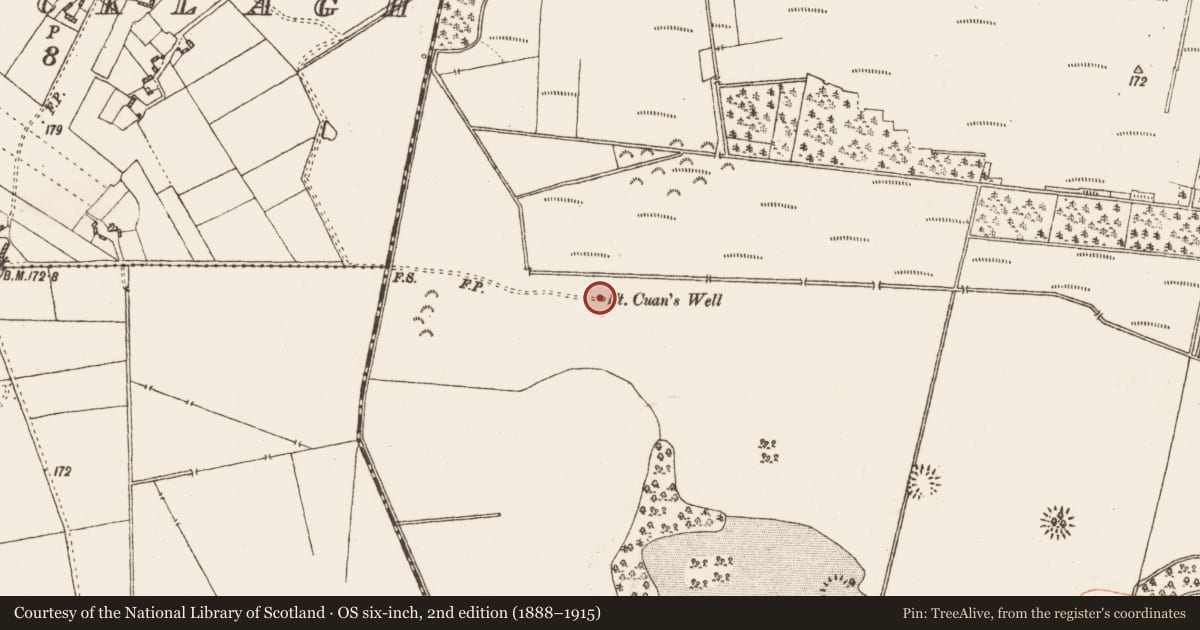 Ordnance Survey six-inch map, 2nd edition (1888–1915) covering the location of Ritual site - holy well, Castlegar East, County Galway, with a pin at the register's coordinates