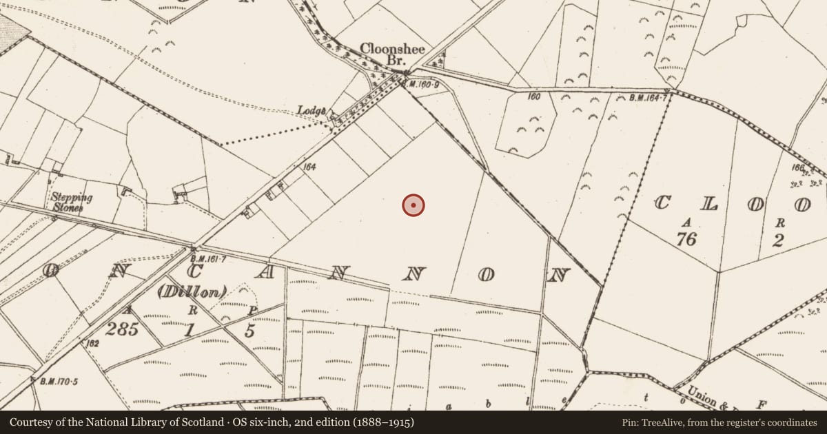 Ordnance Survey six-inch map, 2nd edition (1888–1915) covering the location of Enclosure, Clooncannon (Dillon), County Galway, with a pin at the register's coordinates