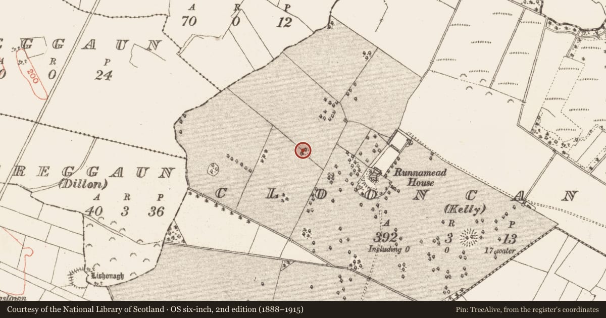 Ordnance Survey six-inch map, 2nd edition (1888–1915) covering the location of Enclosure, Clooncannon (Kelly), County Galway, with a pin at the register's coordinates