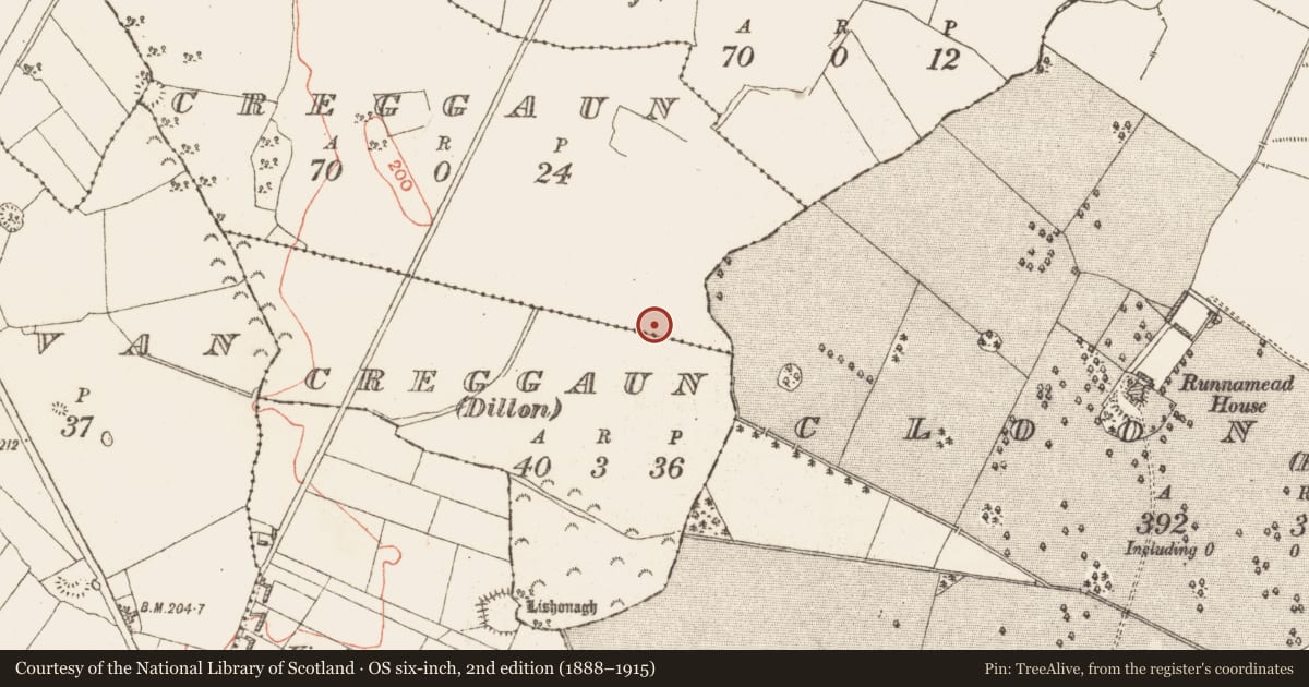 Ordnance Survey six-inch map, 2nd edition (1888–1915) covering the location of Enclosure, Creggaun (Dillon), Creggaun, County Galway, with a pin at the register's coordinates