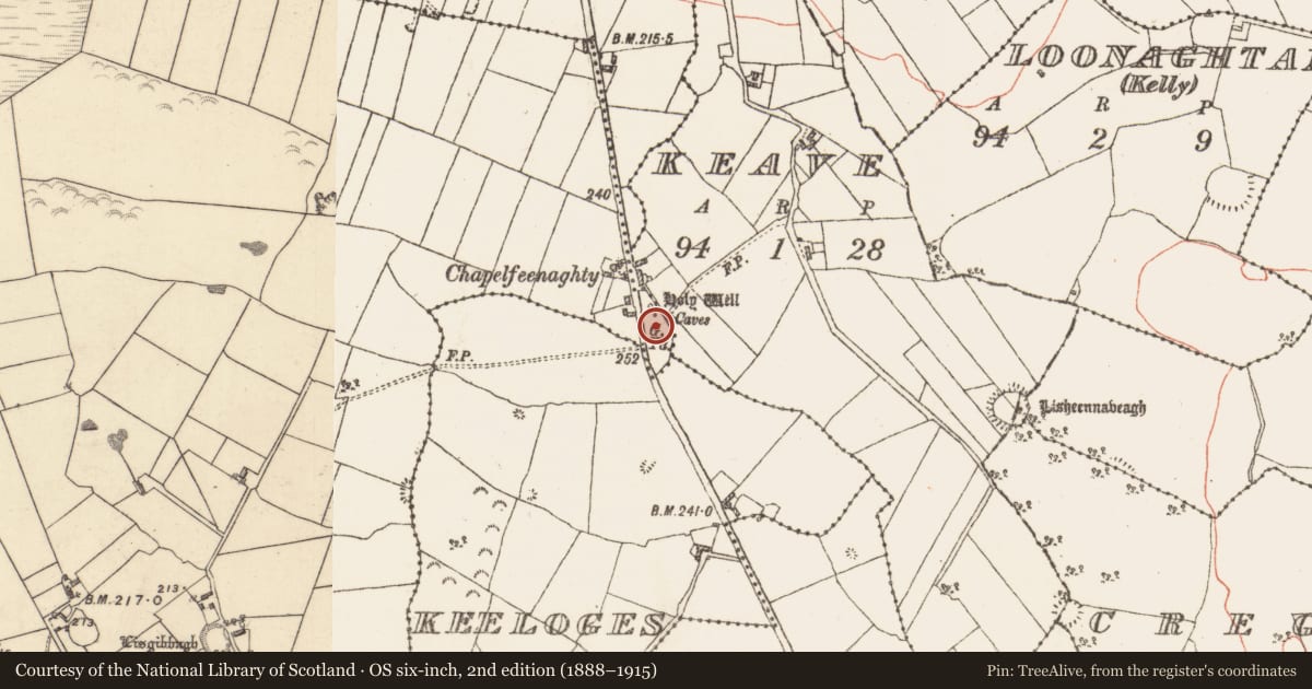 Ordnance Survey six-inch map, 2nd edition (1888–1915) covering the location of Ecclesiastical enclosure, County Galway, with a pin at the register's coordinates