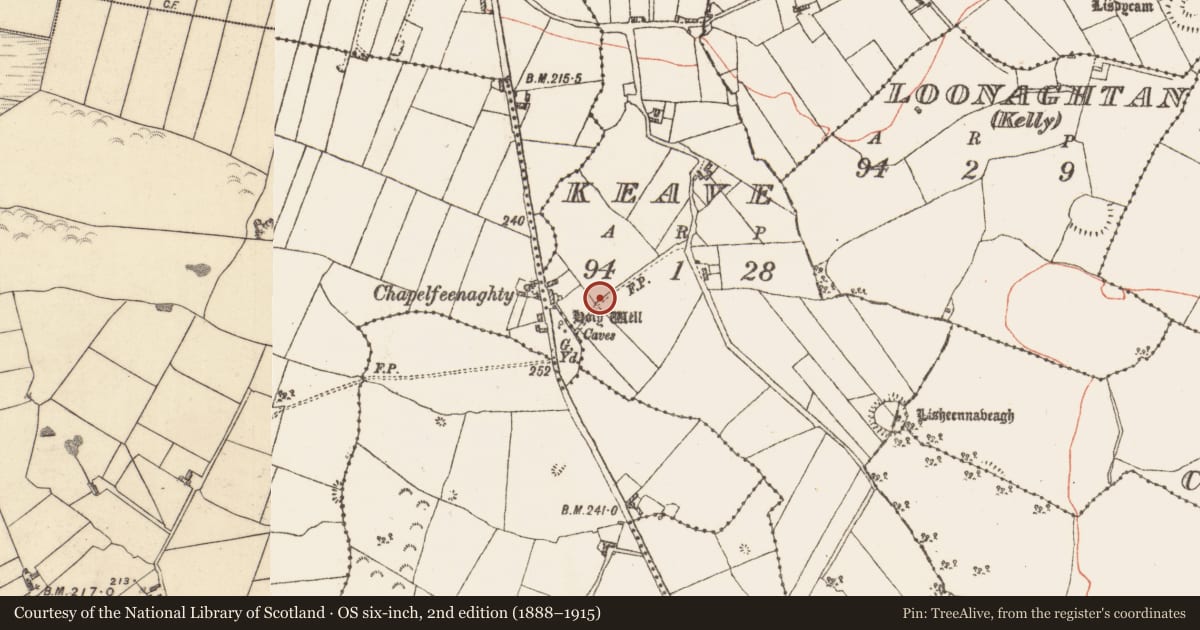 Ordnance Survey six-inch map, 2nd edition (1888–1915) covering the location of Ritual site - holy well, Keave, County Galway, with a pin at the register's coordinates