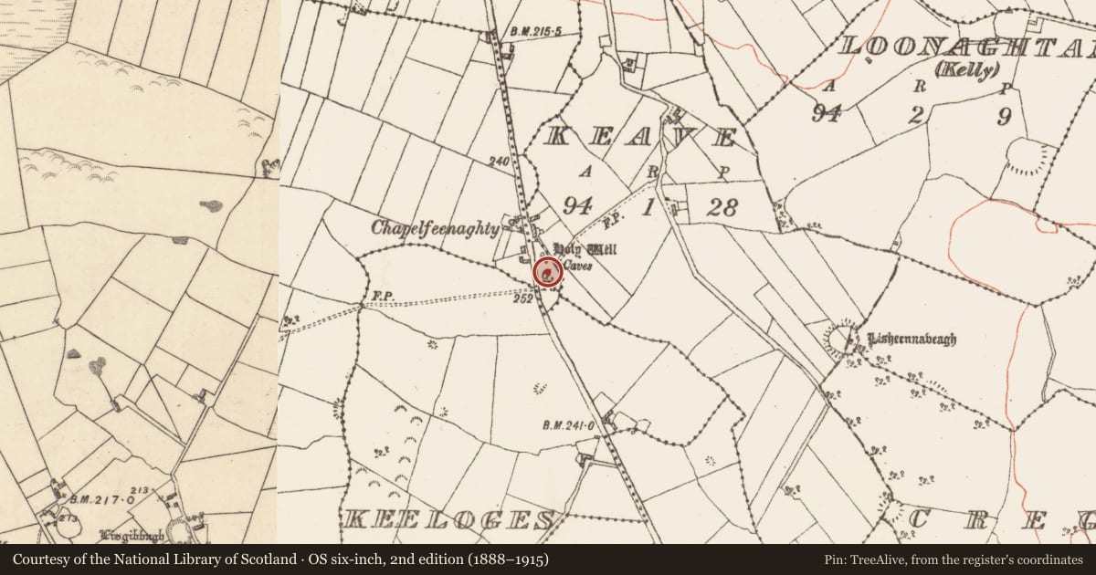 Ordnance Survey six-inch map, 2nd edition (1888–1915) covering the location of Graveyard, Lattoon, County Galway, with a pin at the register's coordinates