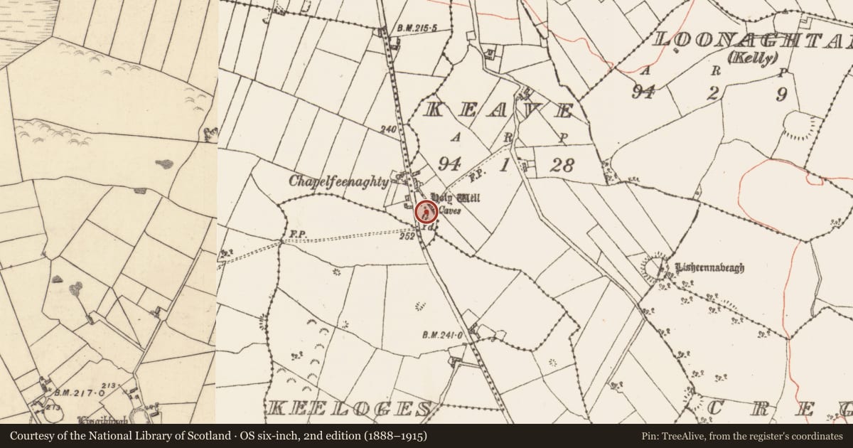 Ordnance Survey six-inch map, 2nd edition (1888–1915) covering the location of Souterrain, Lattoon, County Galway, with a pin at the register's coordinates
