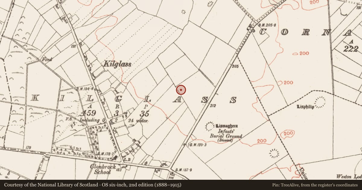 Ordnance Survey six-inch map, 2nd edition (1888–1915) covering the location of Enclosure, Kilglass, County Galway, with a pin at the register's coordinates