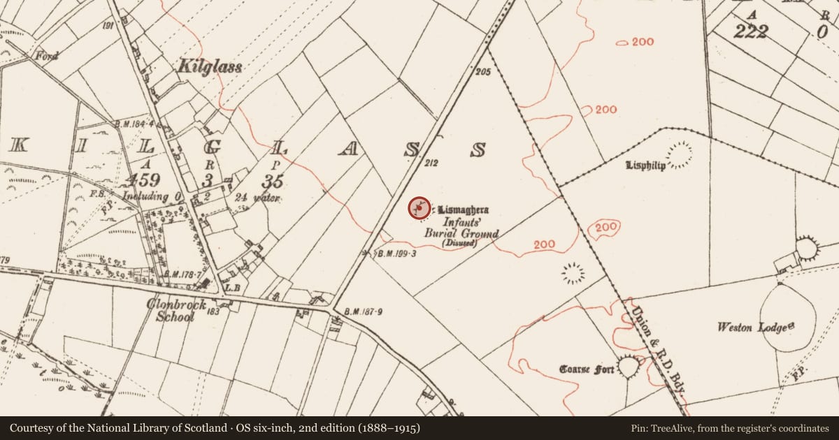 Ordnance Survey six-inch map, 2nd edition (1888–1915) covering the location of Enclosure, Kilglass, County Galway, with a pin at the register's coordinates