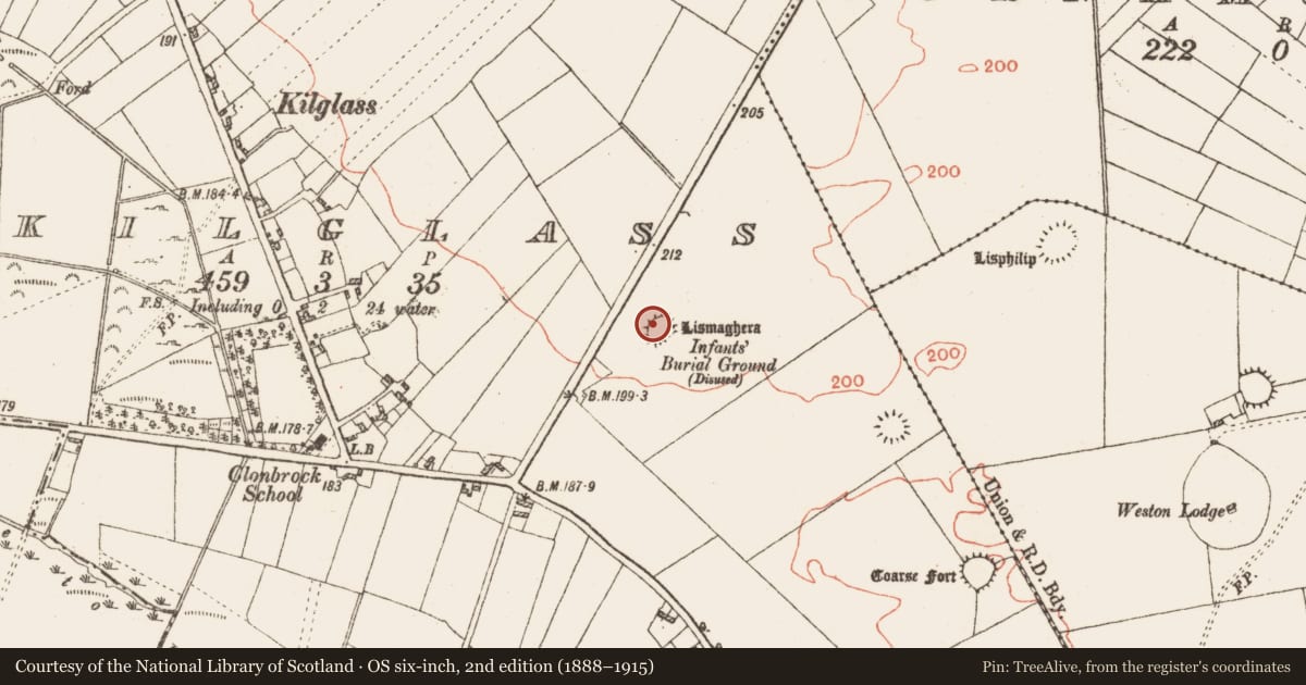 Ordnance Survey six-inch map, 2nd edition (1888–1915) covering the location of Children's burial ground, Kilglass, County Galway, with a pin at the register's coordinates