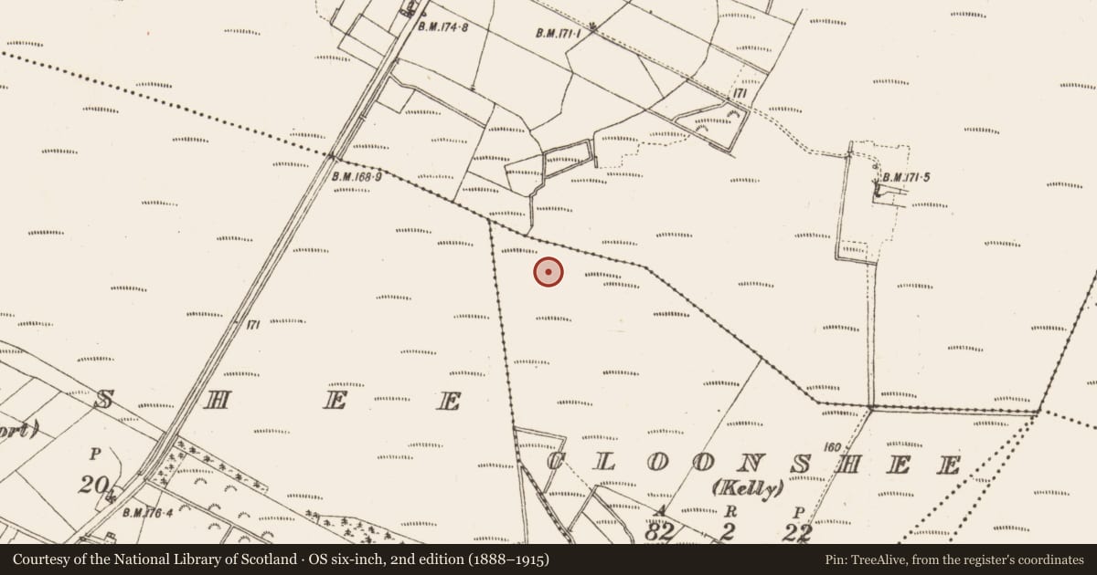 Ordnance Survey six-inch map, 2nd edition (1888–1915) covering the location of Platform - peatland, Cloonshee (Kelly), County Galway, with a pin at the register's coordinates