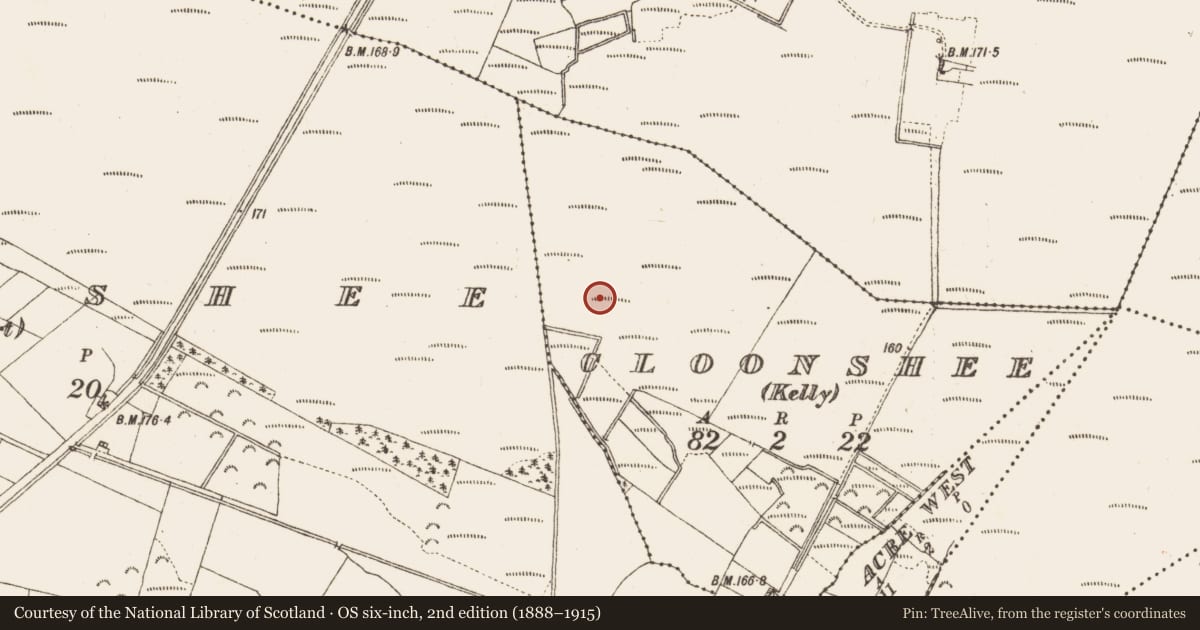 Ordnance Survey six-inch map, 2nd edition (1888–1915) covering the location of Platform - peatland, Cloonshee (Kelly), County Galway, with a pin at the register's coordinates