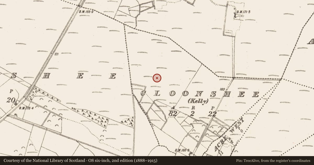 Ordnance Survey six-inch map, 2nd edition (1888–1915) covering the location of Road - class 2 togher, Cloonshee (Kelly), County Galway, with a pin at the register's coordinates