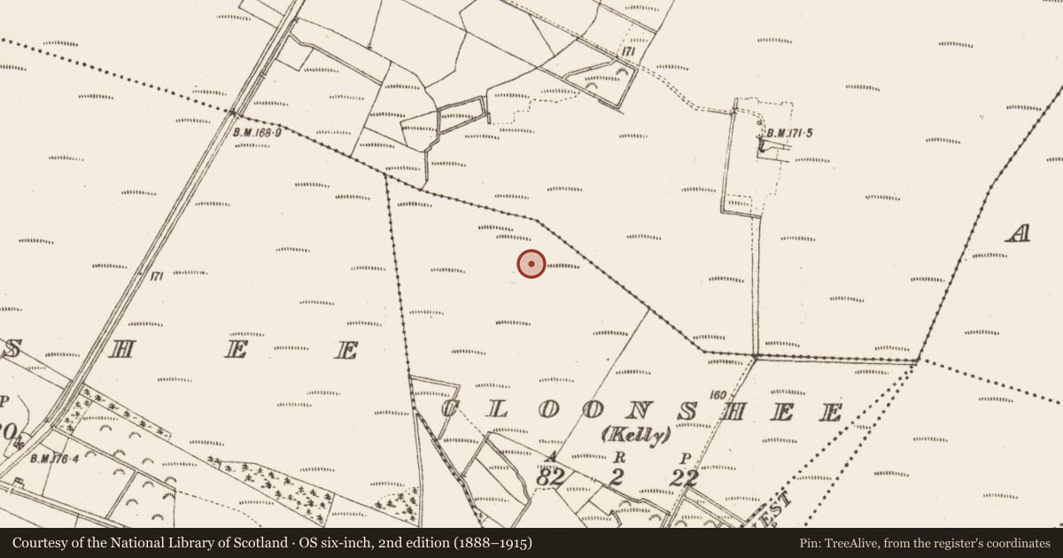 Ordnance Survey six-inch map, 2nd edition (1888–1915) covering the location of Platform - peatland, Cloonshee (Kelly), County Galway, with a pin at the register's coordinates