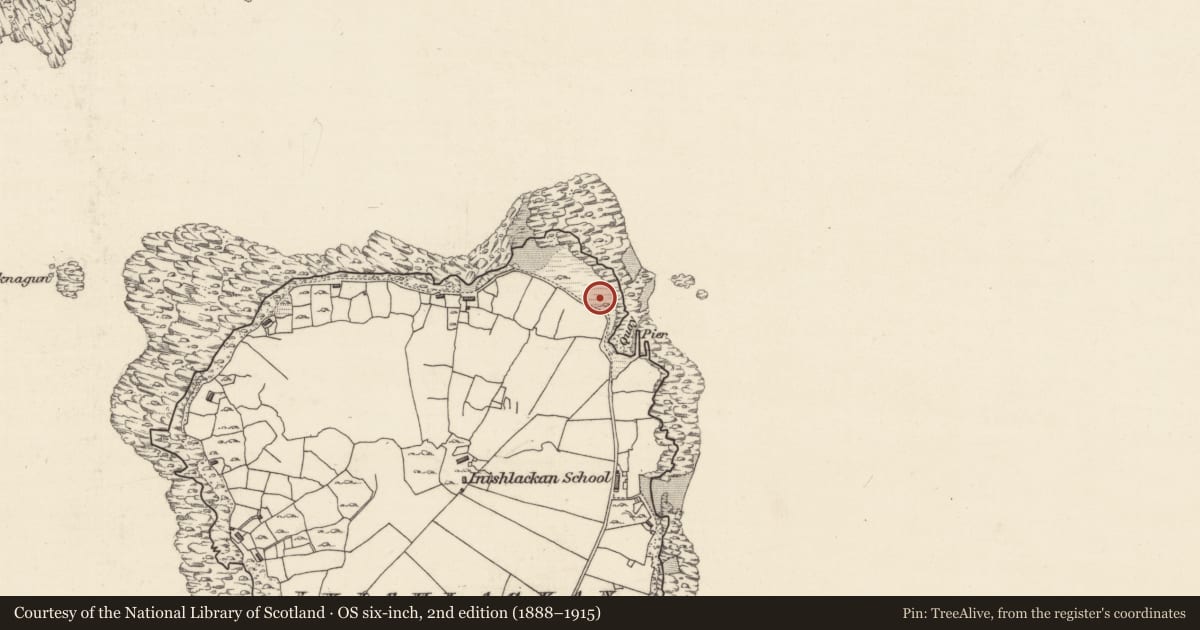 Ordnance Survey six-inch map, 2nd edition (1888–1915) covering the location of Burial, Inishlackan, County Galway, with a pin at the register's coordinates