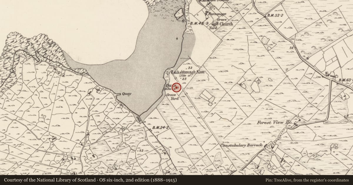 Ordnance Survey six-inch map, 2nd edition (1888–1915) covering the location of Church, Maíros, County Galway, with a pin at the register's coordinates
