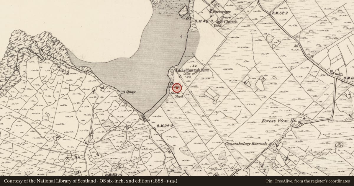 Ordnance Survey six-inch map, 2nd edition (1888–1915) covering the location of Graveyard, Maíros, County Galway, with a pin at the register's coordinates