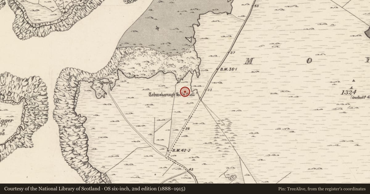 Ordnance Survey six-inch map, 2nd edition (1888–1915) covering the location of Cairn - wayside cairn, Maíros, County Galway, with a pin at the register's coordinates
