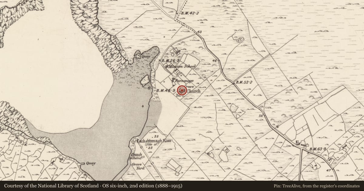 Ordnance Survey six-inch map, 2nd edition (1888–1915) covering the location of Church, Maíros, County Galway, with a pin at the register's coordinates