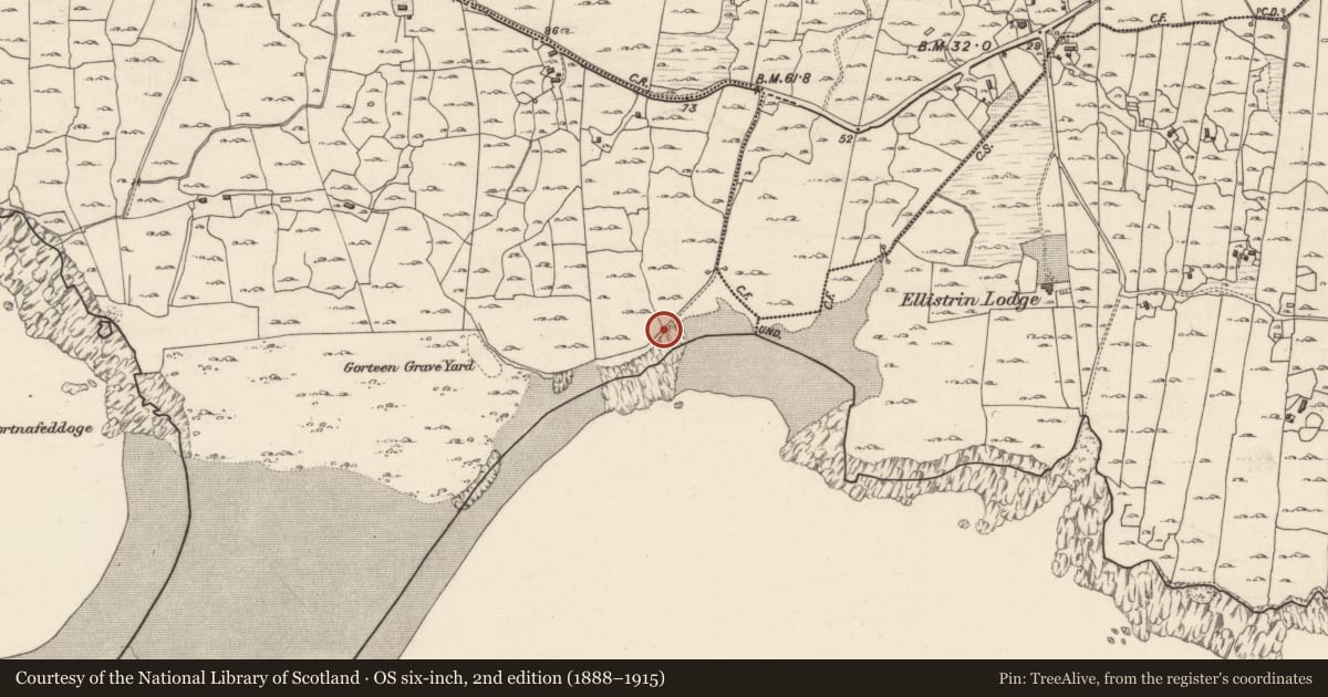 Ordnance Survey six-inch map, 2nd edition (1888–1915) covering the location of Children's burial ground, Iorras Beag Thiar, County Galway, with a pin at the register's coordinates