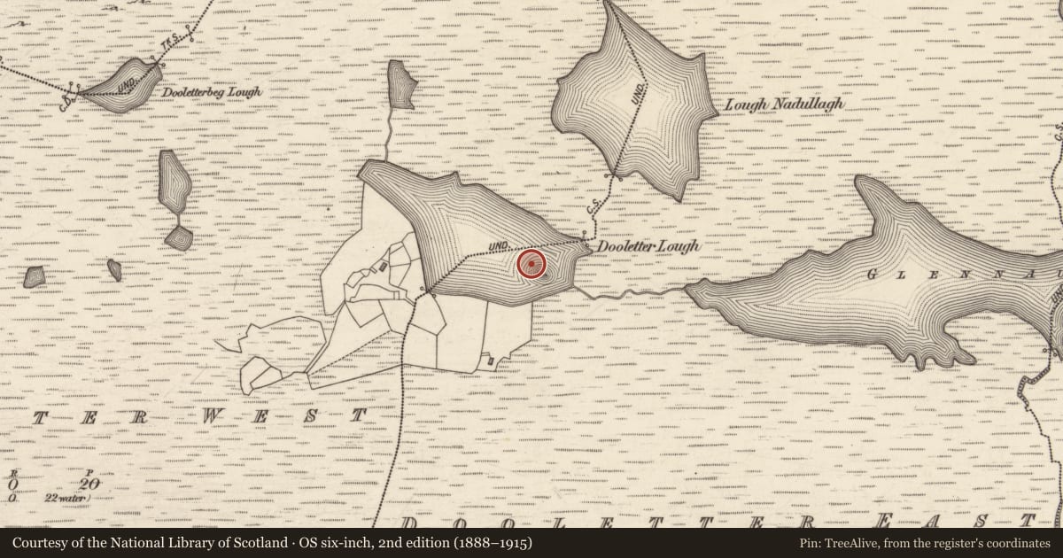 Ordnance Survey six-inch map, 2nd edition (1888–1915) covering the location of Crannog, Dúleitir Thoir, County Galway, with a pin at the register's coordinates