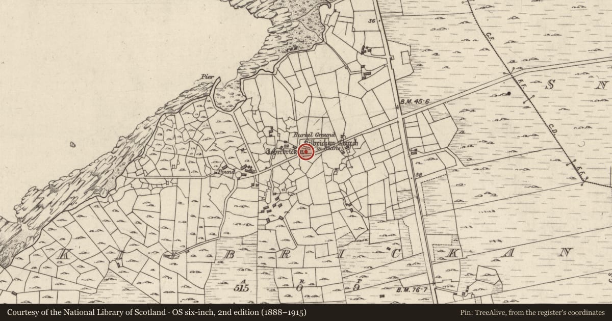 Ordnance Survey six-inch map, 2nd edition (1888–1915) covering the location of Church, Cill Bhreacáin, County Galway, with a pin at the register's coordinates
