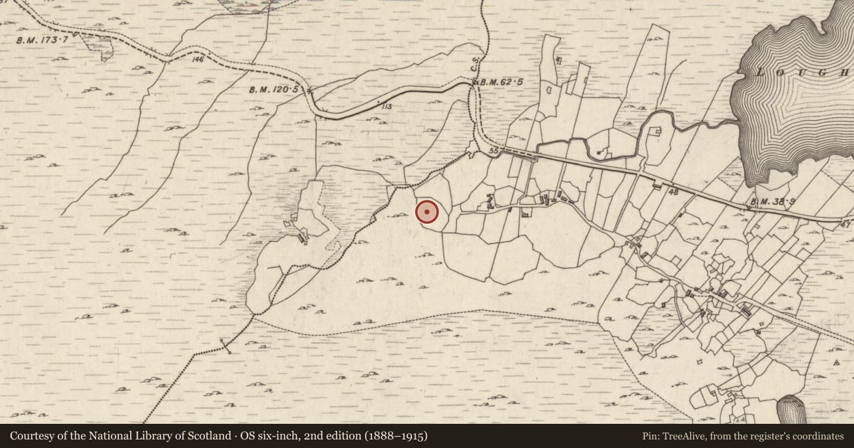 Ordnance Survey six-inch map, 2nd edition (1888–1915) covering the location of Children's burial ground, Doire Iorrais, County Galway, with a pin at the register's coordinates