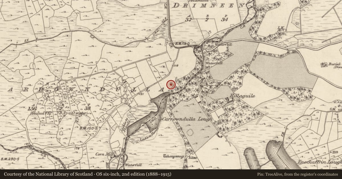Ordnance Survey six-inch map, 2nd edition (1888–1915) covering the location of Enclosure, Carrowndulla, County Galway, with a pin at the register's coordinates