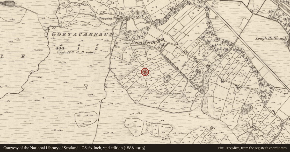Ordnance Survey six-inch map, 2nd edition (1888–1915) covering the location of Designed landscape feature, Doon, County Galway, with a pin at the register's coordinates