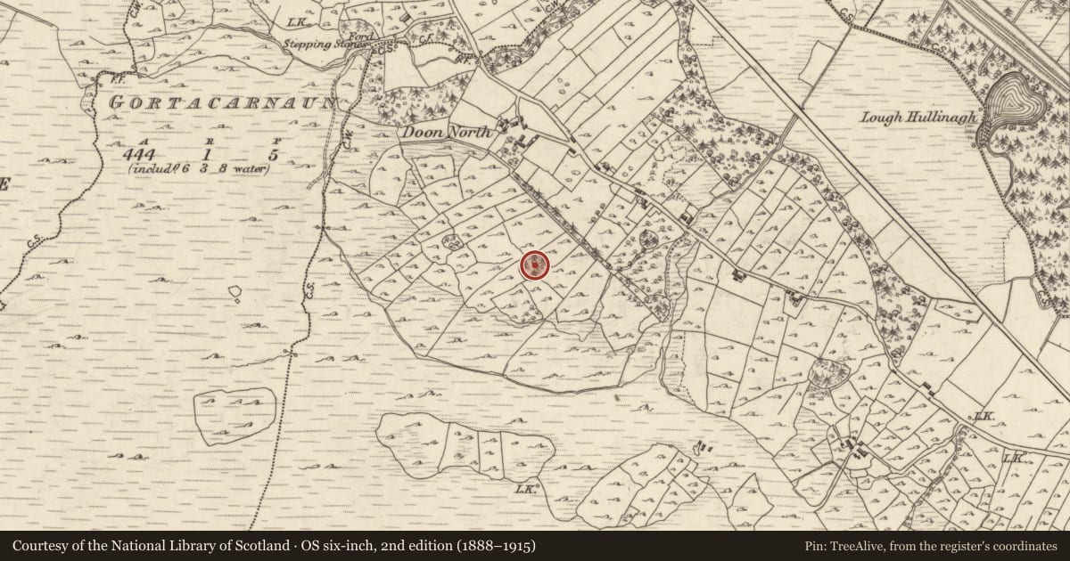 Ordnance Survey six-inch map, 2nd edition (1888–1915) covering the location of Designed landscape feature, Doon, County Galway, with a pin at the register's coordinates