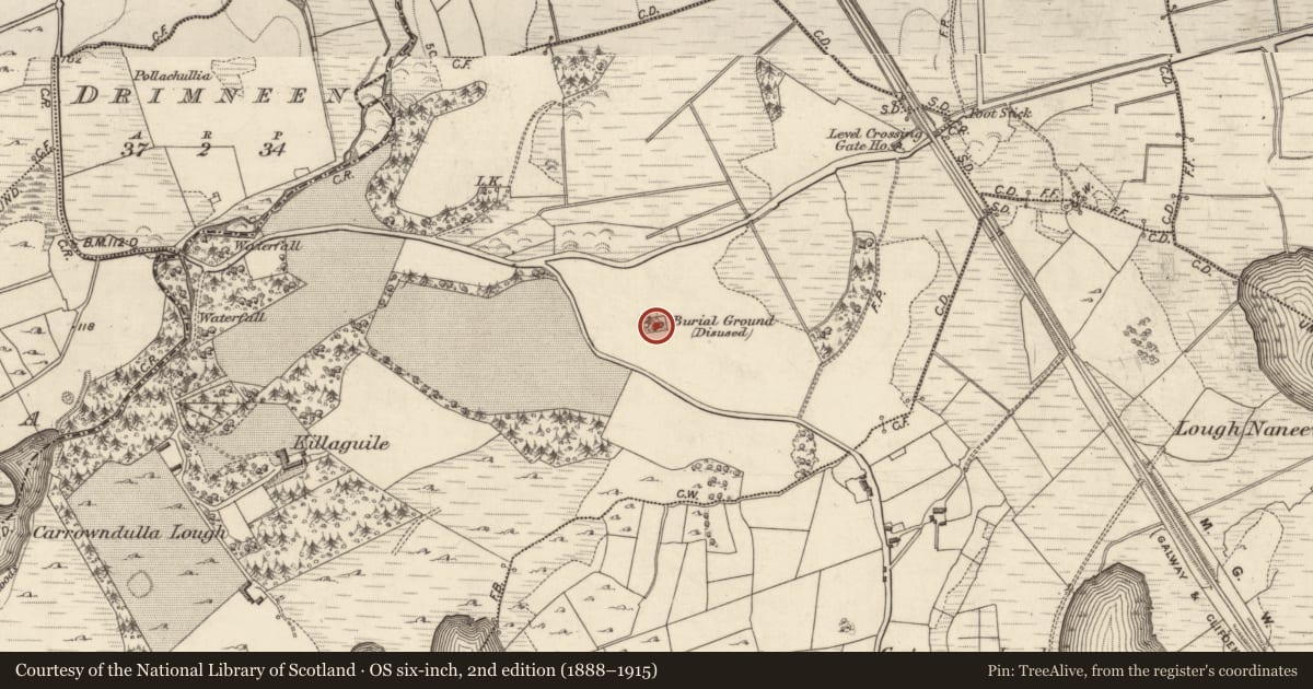 Ordnance Survey six-inch map, 2nd edition (1888–1915) covering the location of Graveyard, Killaguile, County Galway, with a pin at the register's coordinates