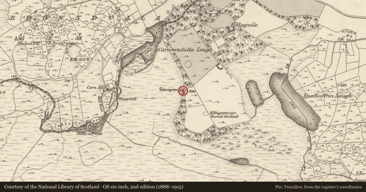 Ordnance Survey six-inch map, 2nd edition (1888–1915) covering the location of Ritual site - holy well, Killaguile, County Galway, with a pin at the register's coordinates
