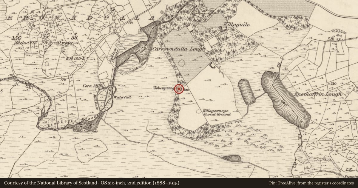 Ordnance Survey six-inch map, 2nd edition (1888–1915) covering the location of Penitential station, Killaguile, County Galway, with a pin at the register's coordinates