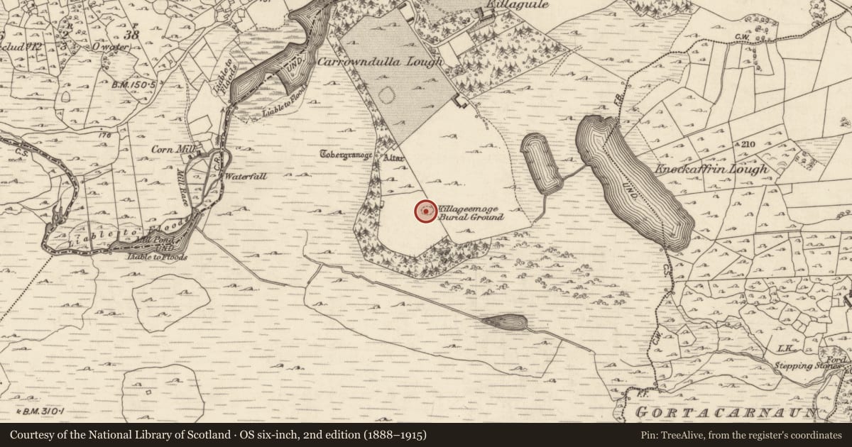 Ordnance Survey six-inch map, 2nd edition (1888–1915) covering the location of Children's burial ground, Killaguile, County Galway, with a pin at the register's coordinates