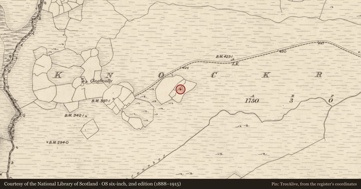 Ordnance Survey six-inch map, 2nd edition (1888–1915) covering the location of Children's burial ground, Cnoc Raithní, County Galway, with a pin at the register's coordinates