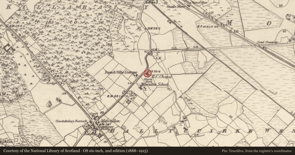Ordnance Survey six-inch map, 2nd edition (1888–1915) covering the location of Chapel, Baile Uí Chuirc Thoir, County Galway, with a pin at the register's coordinates