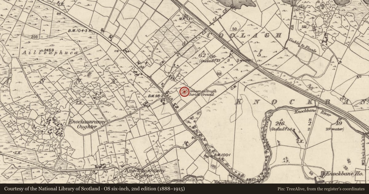 Ordnance Survey six-inch map, 2nd edition (1888–1915) covering the location of Children's burial ground, Cúíl Each (Bar. Maigh Cuillinn), County Galway, with a pin at the register's coordinates