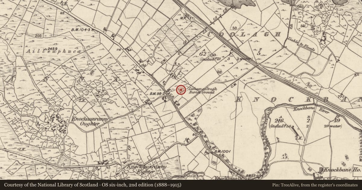 Ordnance Survey six-inch map, 2nd edition (1888–1915) covering the location of Bullaun stone, Cúíl Each (Bar. Maigh Cuillinn), County Galway, with a pin at the register's coordinates