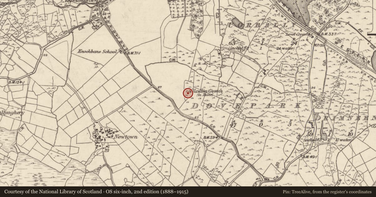 Ordnance Survey six-inch map, 2nd edition (1888–1915) covering the location of Church, Páirc Na Gcolm, County Galway, with a pin at the register's coordinates