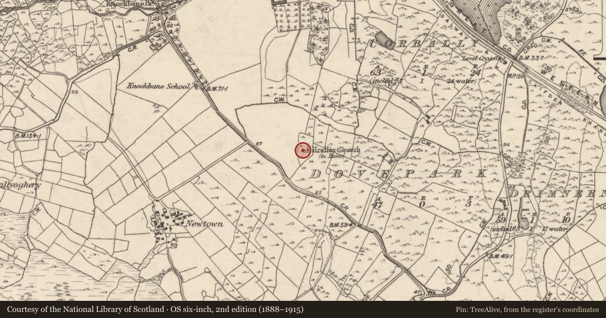 Ordnance Survey six-inch map, 2nd edition (1888–1915) covering the location of Ecclesiastical enclosure, Páirc Na Gcolm, County Galway, with a pin at the register's coordinates