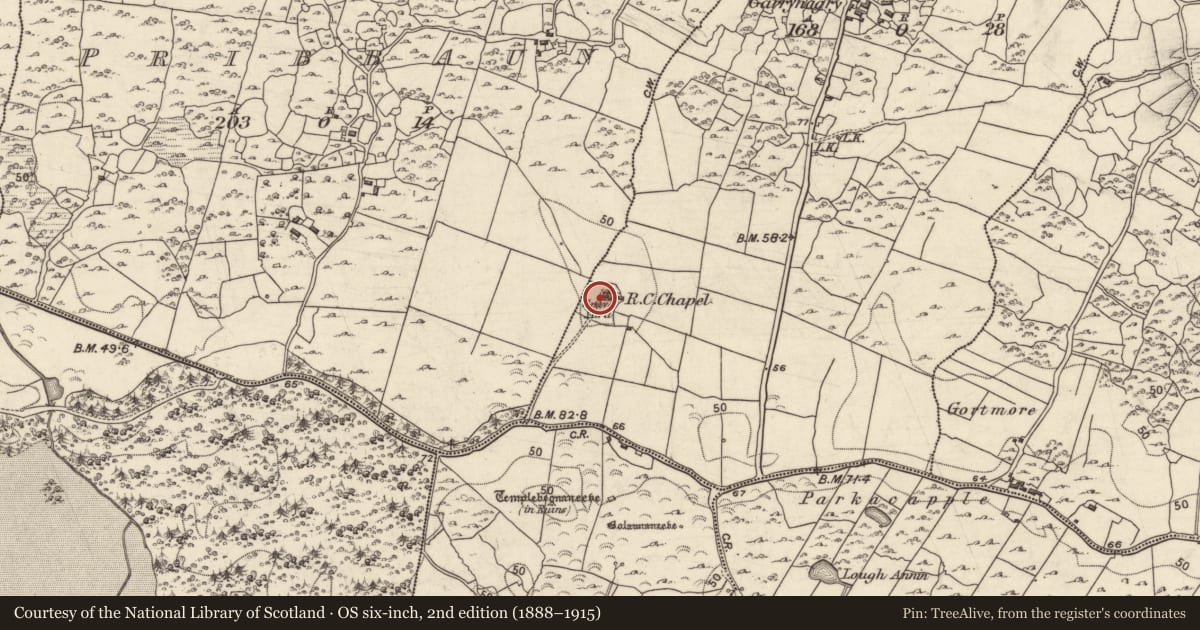 Ordnance Survey six-inch map, 2nd edition (1888–1915) covering the location of Enclosure, Garrynagry, County Galway, with a pin at the register's coordinates