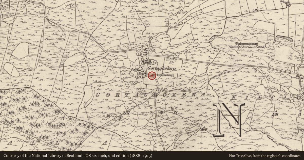 Ordnance Survey six-inch map, 2nd edition (1888–1915) covering the location of Ritual site - holy well, Gortaghokera, County Galway, with a pin at the register's coordinates