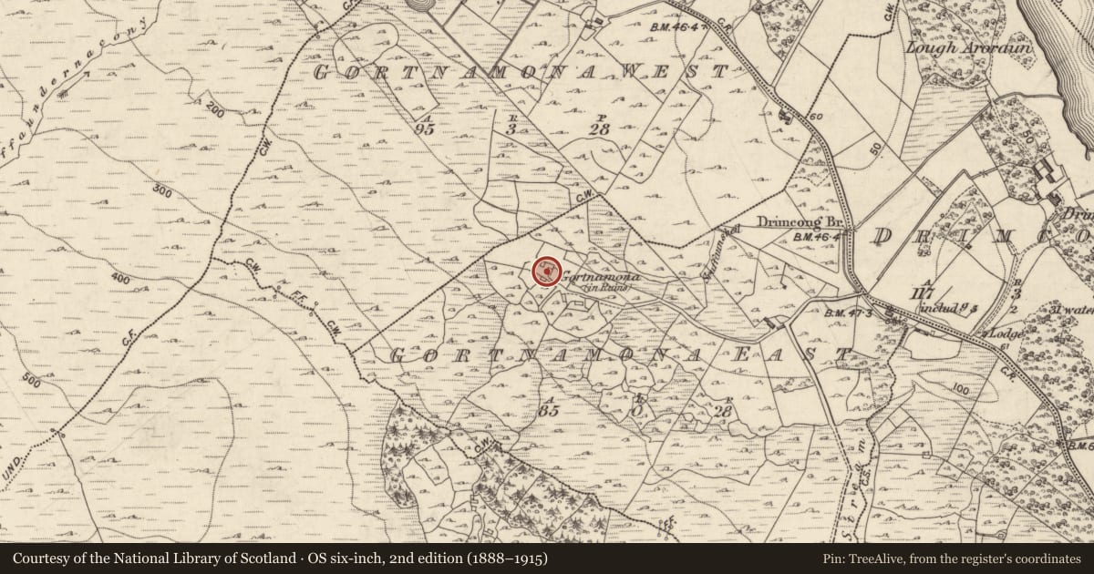 Ordnance Survey six-inch map, 2nd edition (1888–1915) covering the location of Building, Gortnamona East, County Galway, with a pin at the register's coordinates