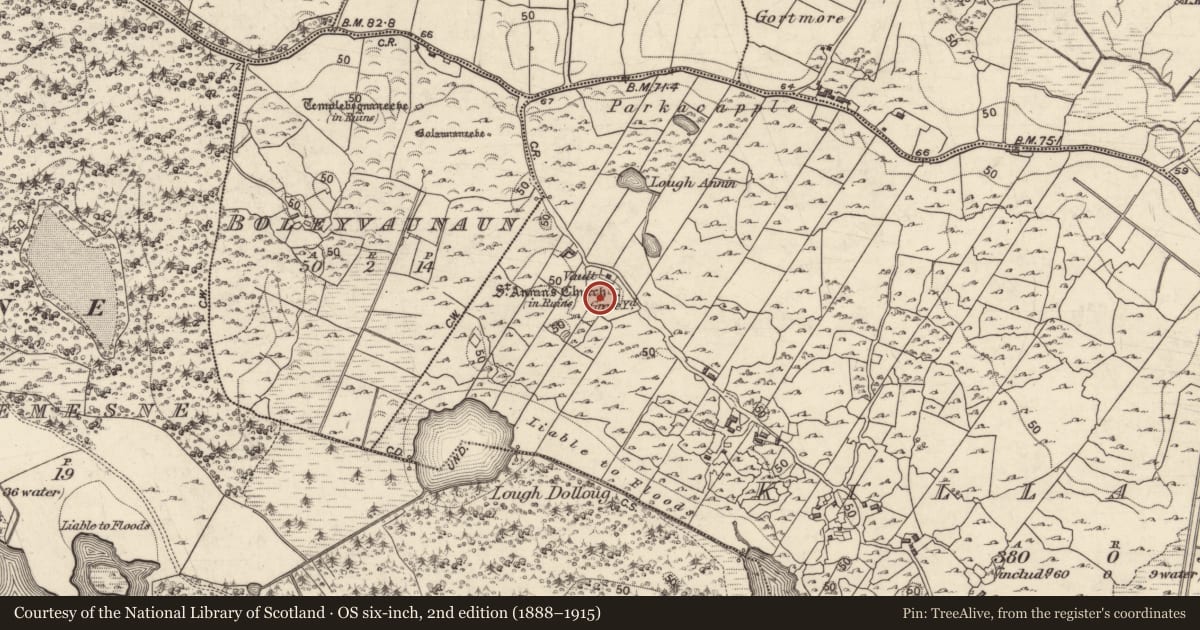 Ordnance Survey six-inch map, 2nd edition (1888–1915) covering the location of Graveyard, Killannin, County Galway, with a pin at the register's coordinates