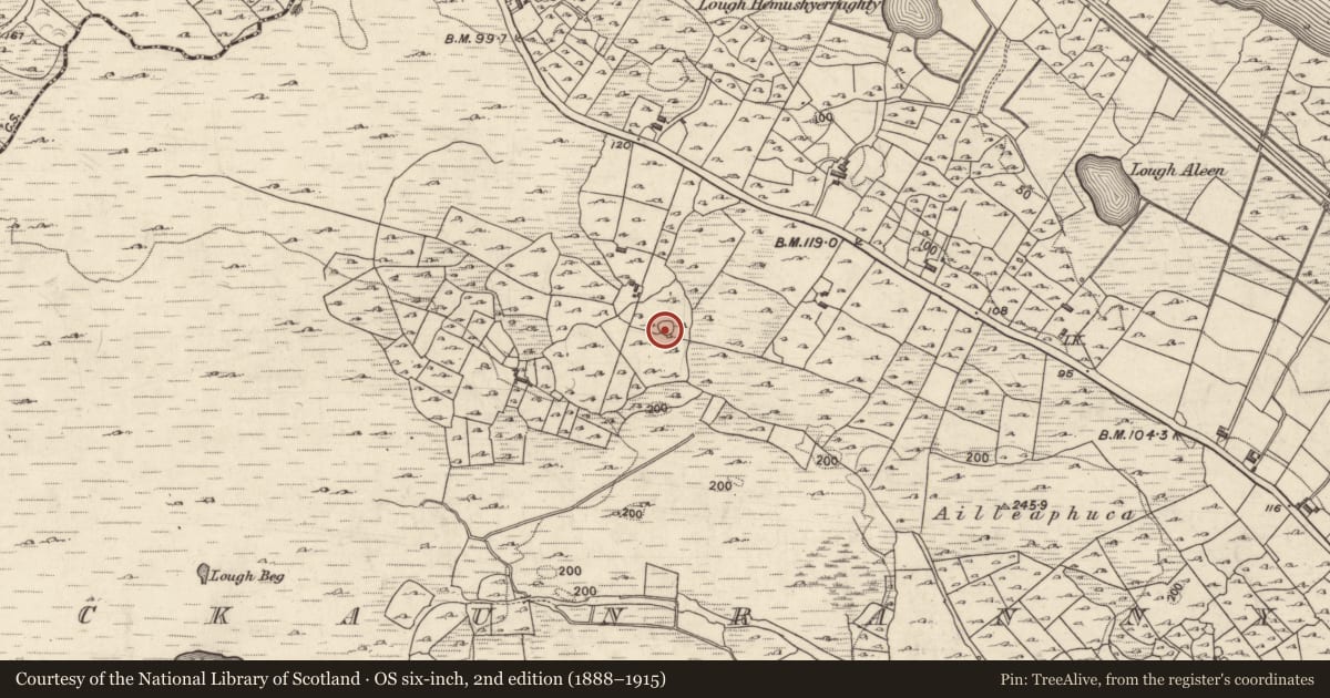 Ordnance Survey six-inch map, 2nd edition (1888–1915) covering the location of Enclosure, Cnocán Raithní, County Galway, with a pin at the register's coordinates