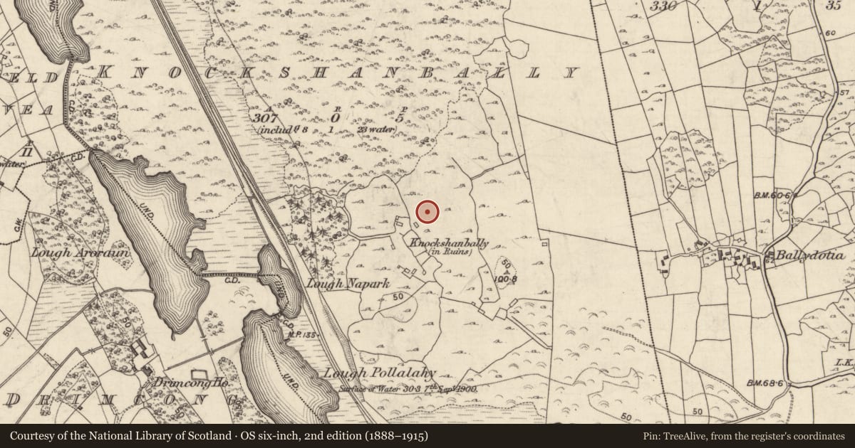 Ordnance Survey six-inch map, 2nd edition (1888–1915) covering the location of Children's burial ground, Cnoc An Tseanbhaile, County Galway, with a pin at the register's coordinates