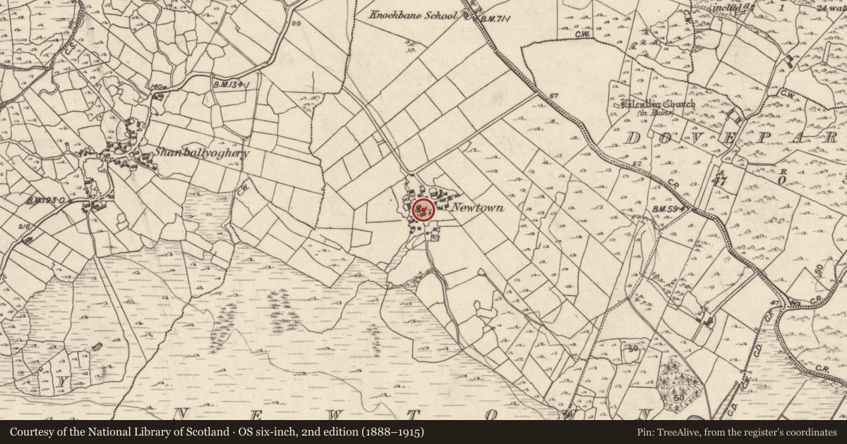 Ordnance Survey six-inch map, 2nd edition (1888–1915) covering the location of Settlement cluster, An Baile Nua, County Galway, with a pin at the register's coordinates