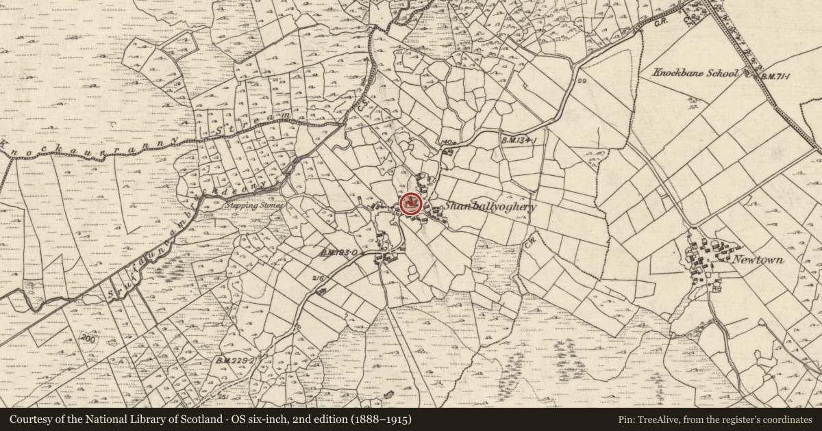 Ordnance Survey six-inch map, 2nd edition (1888–1915) covering the location of Settlement cluster, Eochaire, County Galway, with a pin at the register's coordinates