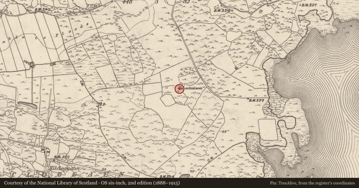 Ordnance Survey six-inch map, 2nd edition (1888–1915) covering the location of Ritual site - holy well, Portdarragh, County Galway, with a pin at the register's coordinates
